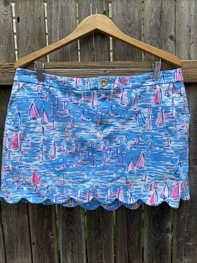 Lilly Pulitzer Blue Sailboat Print Mini Skirt with Pink Accents